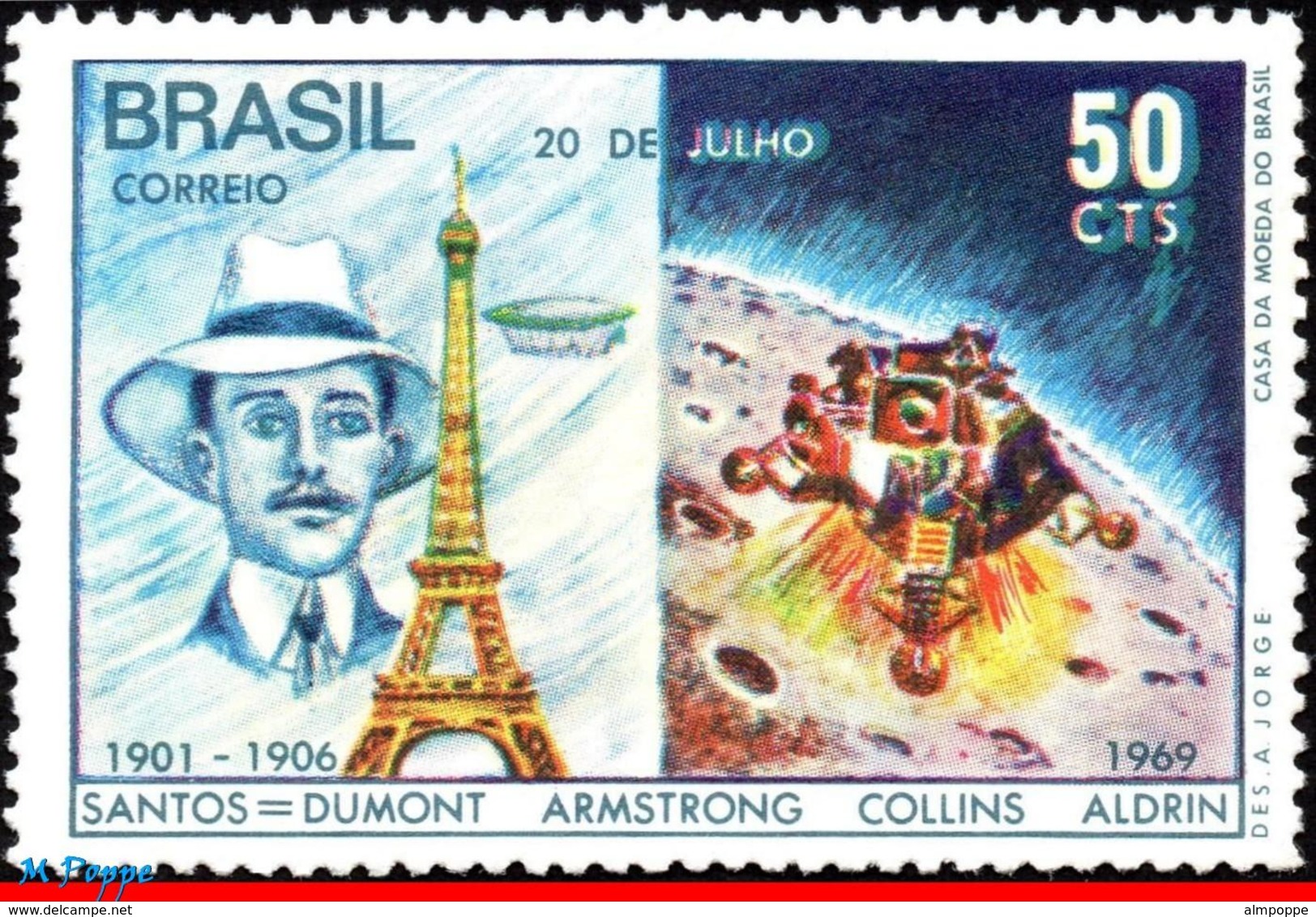 Ref. BR-1138 BRAZIL 1969 SPACE EXPLORATION, MAN'S FIRST LANDING ON, THE MOON, SANTOS DUMONT, MI# 1231, MNH 1V Sc# 1138 - United States