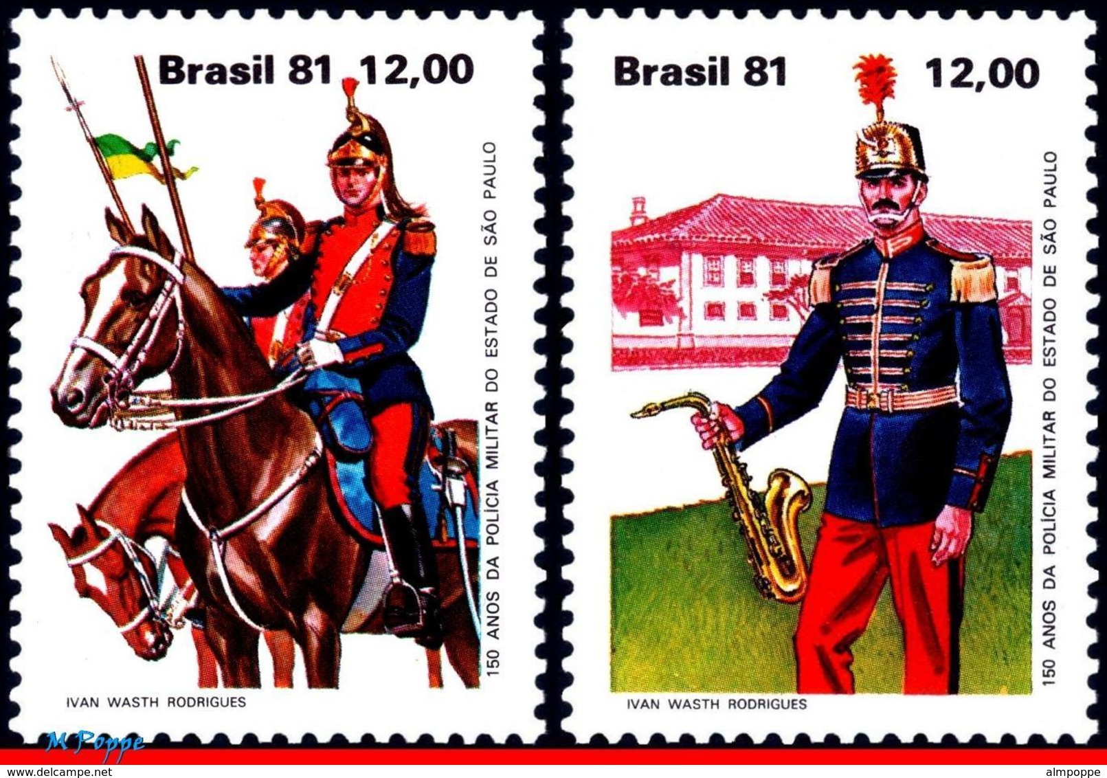 Ref. BR-1779-80 BRAZIL 1981 POLICE, MILITARY POLICE OF SP,150, ANNIV., HORSES, COSTUMES, SET MNH 2V Sc# 1779-1780 - Neufs