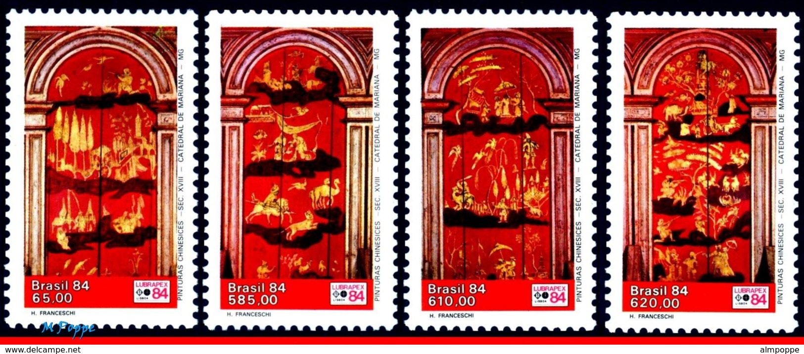 Ref. BR-1917-20 BRAZIL 1984 PAINTINGS, MARIANA CATHEDRAL,, CHURCHES, LUBRAPEX 84, SET MNH 4V Sc# 1917-1920 - Philatelic Exhibitions