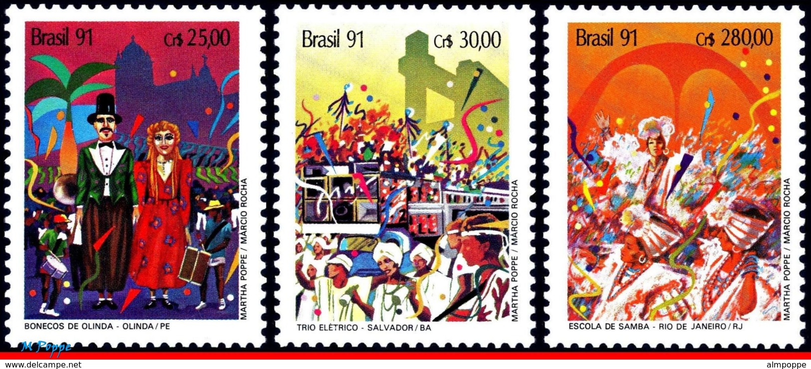 Ref. BR-2301-03 BRAZIL 1991 MUSIC, CARNIVAL, OLINDA, RIO &, SALVADOR, DANCE, MI# 2399-01, MNH 3V Sc# 2301-2303 - Neufs