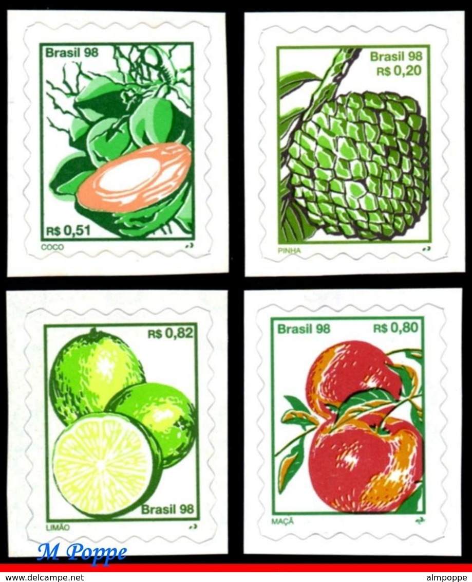 Ref. BR-2636~36F BRAZIL 1998 FRUITS, COCONUTS, SUGAR APPLE,, LEMONS, APPLES, SET SELF ADHESIVE MNH 4V Sc# 2636~36F - Fruits