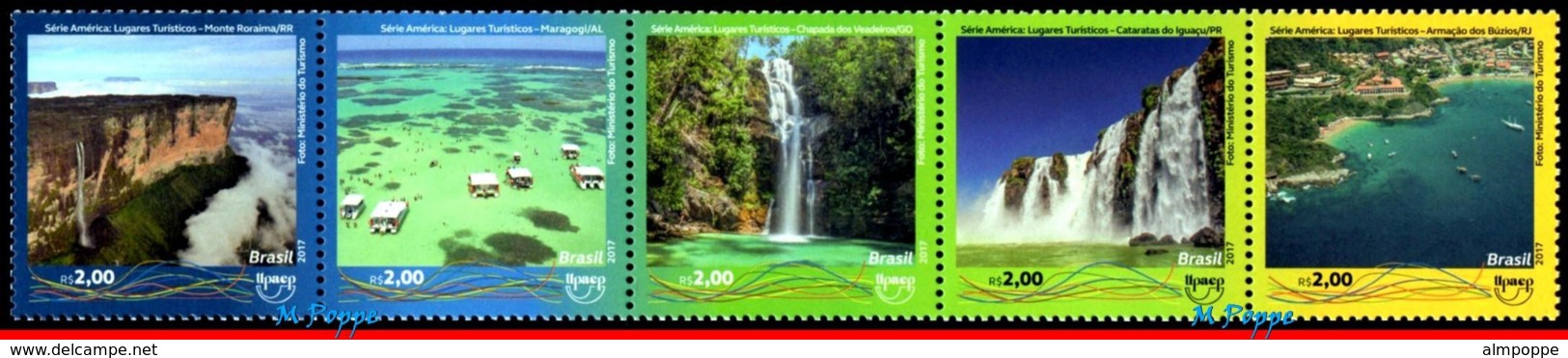 Ref. BR-V2017-14 BRAZIL 2017 TOURISM, UPAEP, WATERFALL, BEACH,, TOURIST ATTRACTIONS, STRIP MNH 5V - Natura