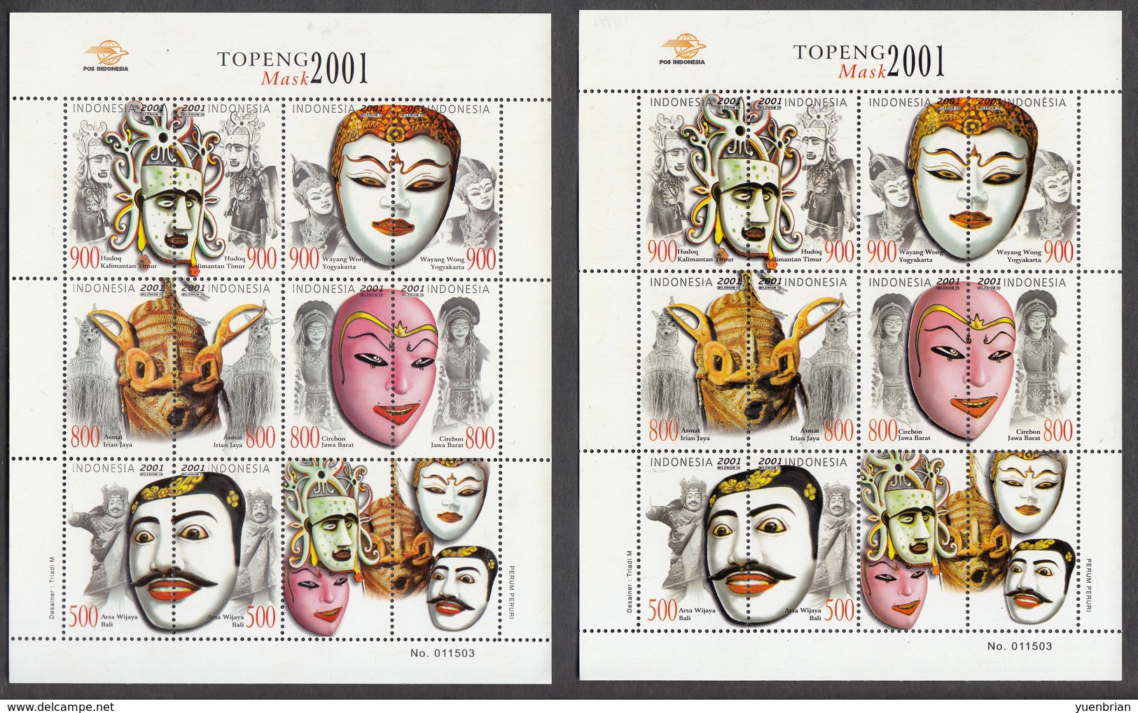 Indonesia 2001, Mask, 2 X Set Of 10 + 2x Sheetlet + 2x S/S, MNH**, It Was Kept In De-humidity Cabinet Since Purchased - Indonesia