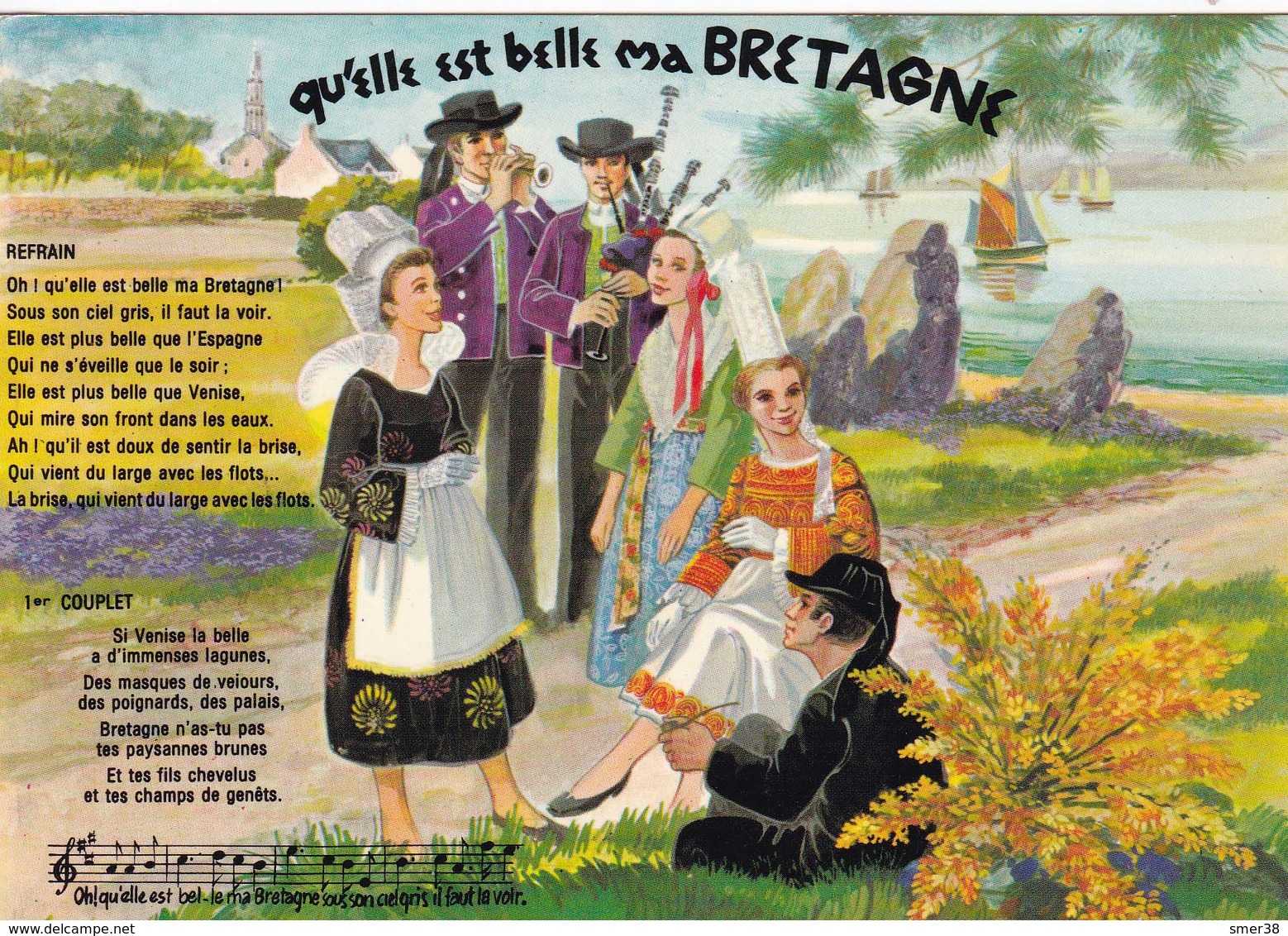 Cpm Chanson "qu'elle Est Belle Ma Bretagne" Costume, Portée Musicale, Paroles De La Chanson - Musica