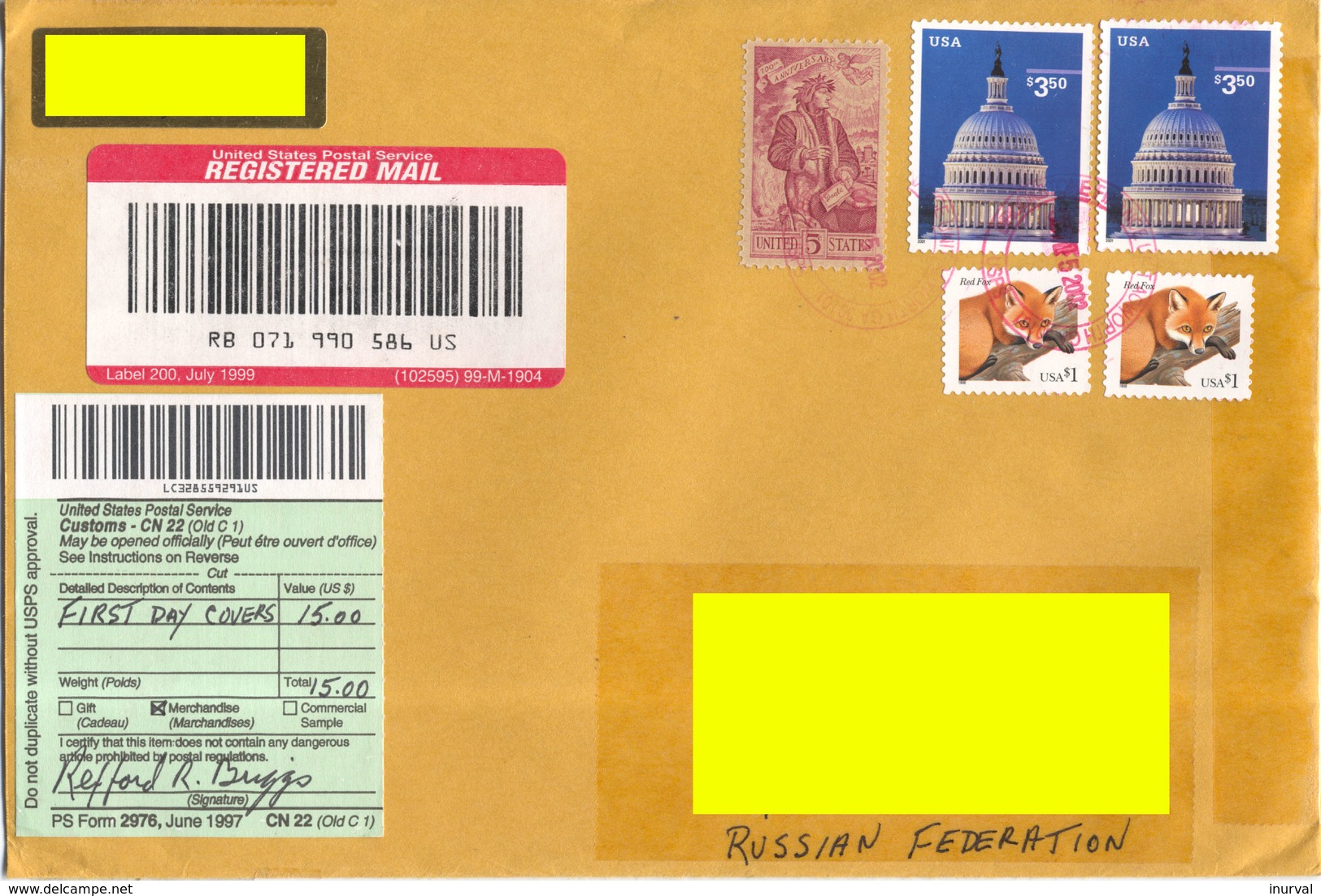 2002 USA Addressed Registered Cover. 5 Stamps: Capitol Cupol (Michel #3403), 700 Years Of Dante And Red Fox - Covers & Documents