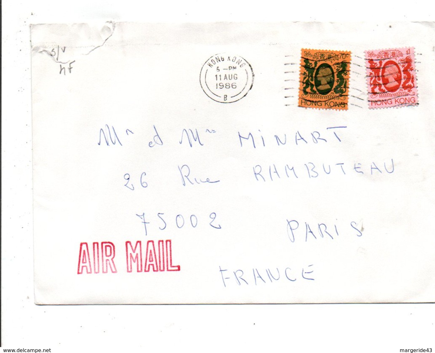 HONG KONG AFFRANCHISSEMENT COMPOSE SUR LETTRE POUR LA FRANCE 1986 - Lettres & Documents