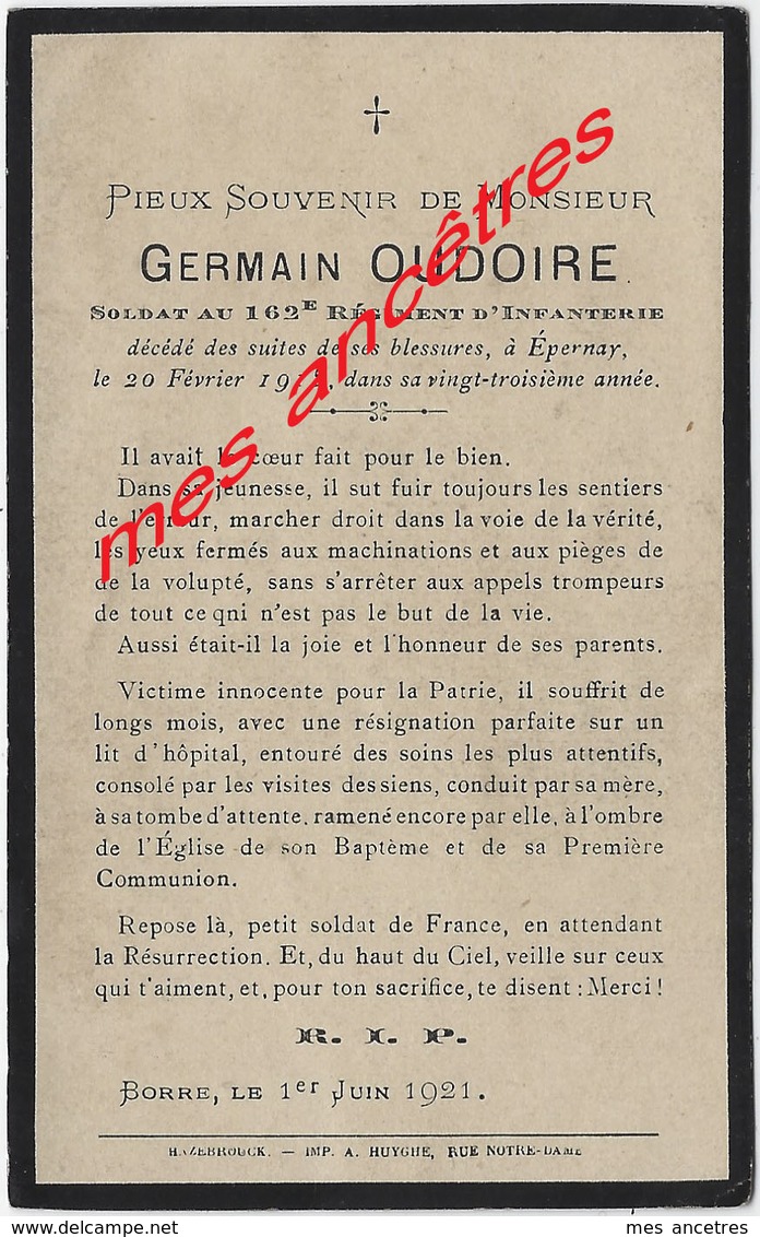 Guerre 1914-mort En 1915 Pour La France-Borre (59) Et Epernay (Marne) Germain OUDOIRE 162e R Infanterie 23 Ans - Décès
