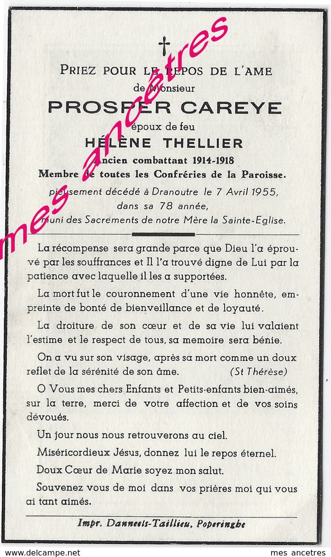 En 1955 Dranoutre (59) Prosper CAREYE Ep Hélène THELLIER Ancien Combattant 1914-1918 - Décès