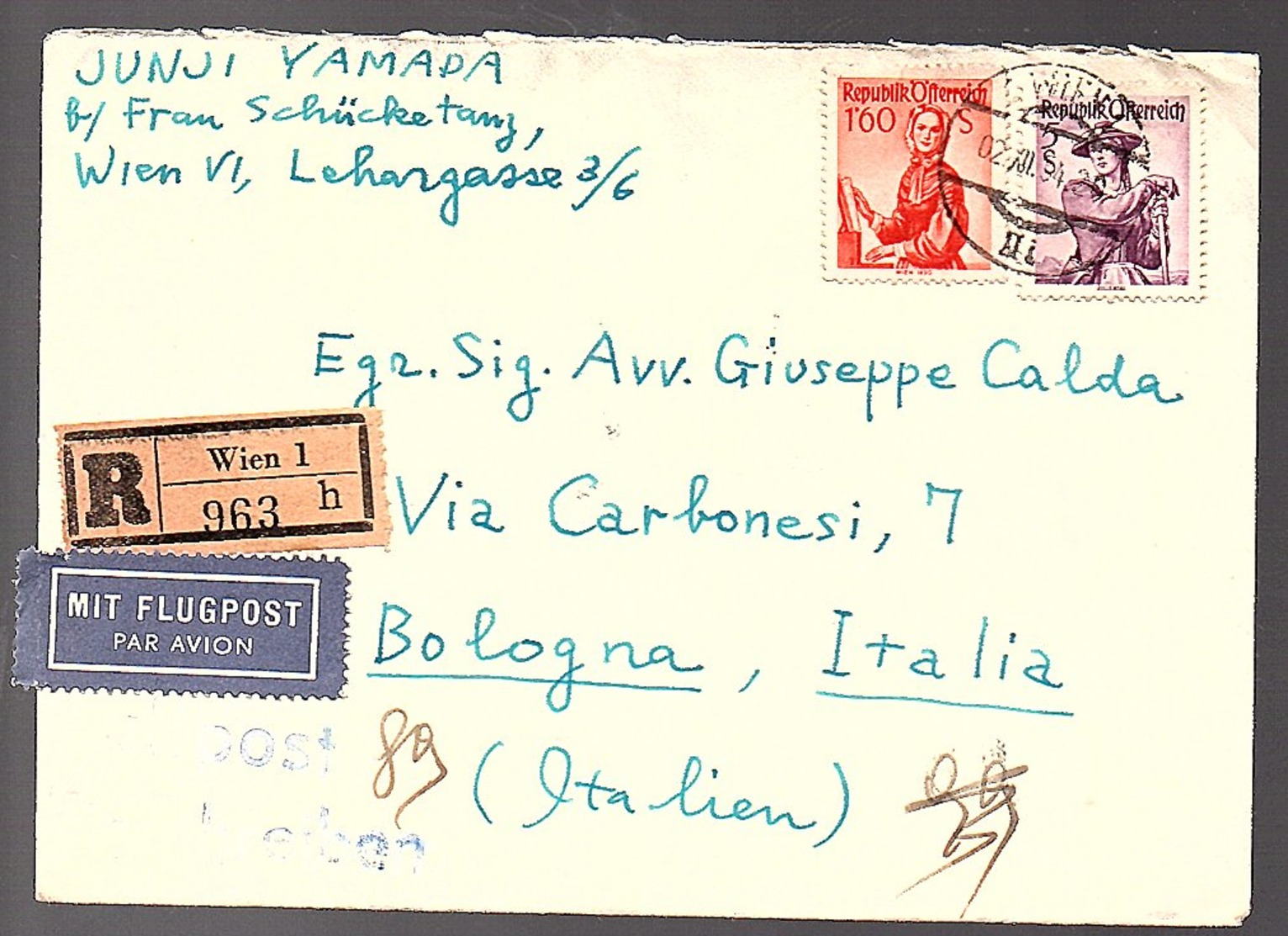 1954 6,60 S Luftpost Juni Yamada To Italy Bologna Avv. Giuseppe Calda (568) - Storia Postale