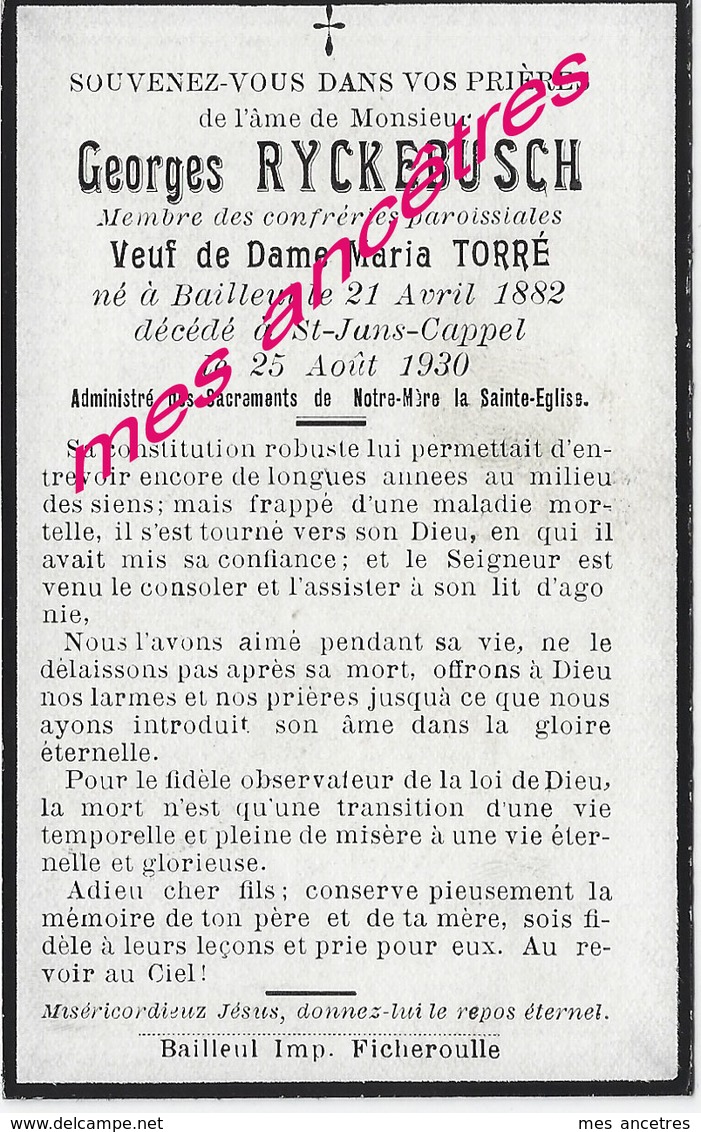 En 1930 Bailleul Et Saint Jans Cappel (59)  Georges RYCKEBUSCH Ep Maria TORRE - Décès