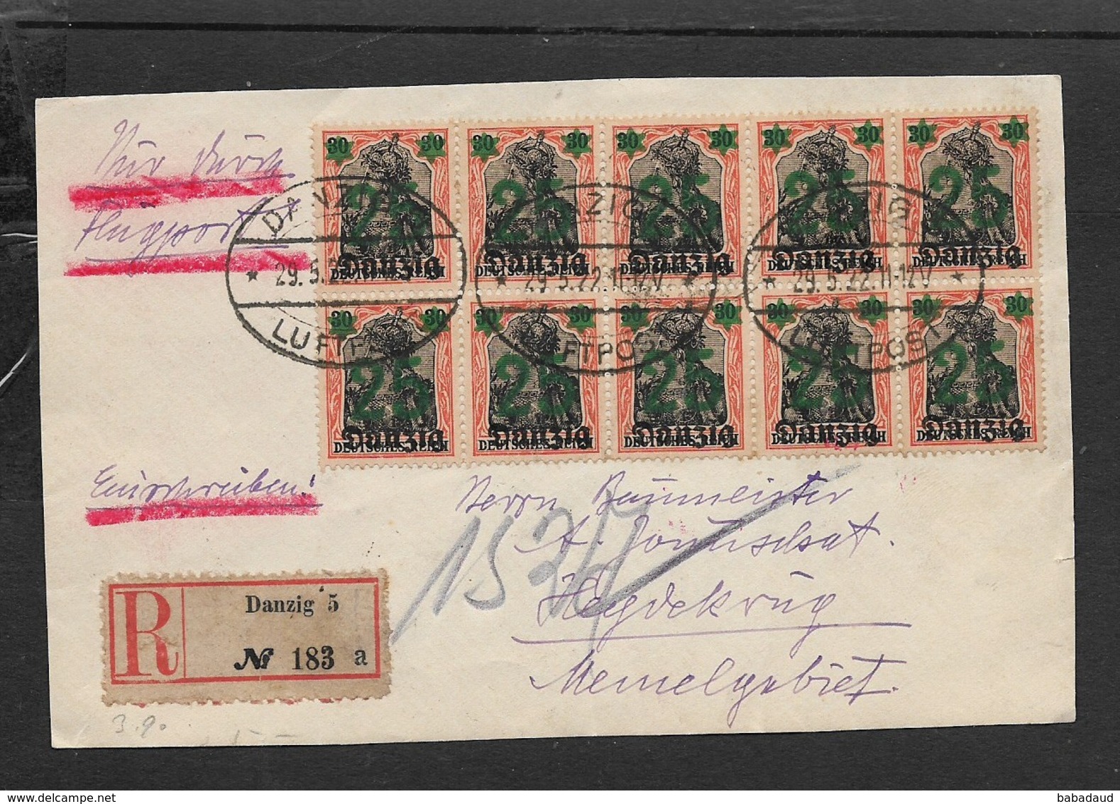 Block Of 10 X 25pf / 30pf  DANZIG On Germania Stamps Registered DANZIG LUFTPOST 29.5.22 > Memel, Front Fraagment - Other & Unclassified