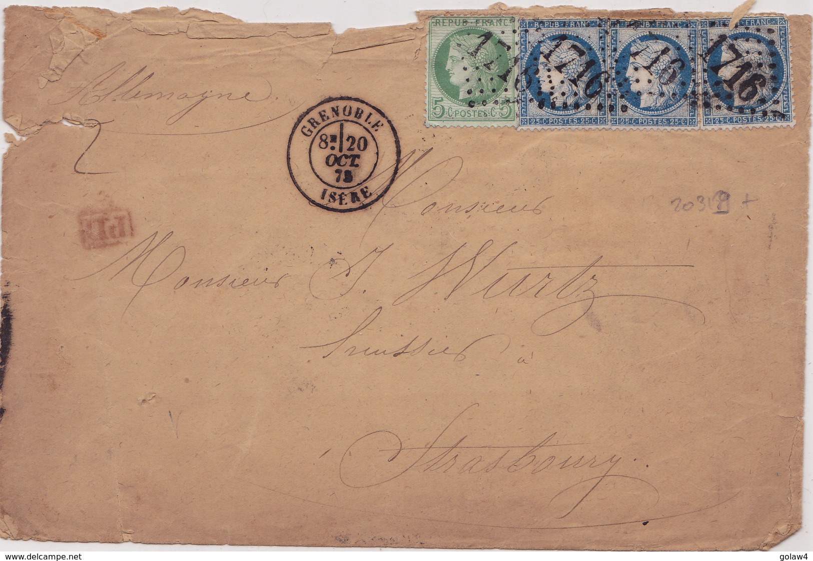 20319# CERES N° 53 + N° 60 III X 3 LETTRE Obl GRENOBLE 1875 T17 ISERE Pour STRASBOURG BAS RHIN ALSACE - 1849-1876: Classic Period