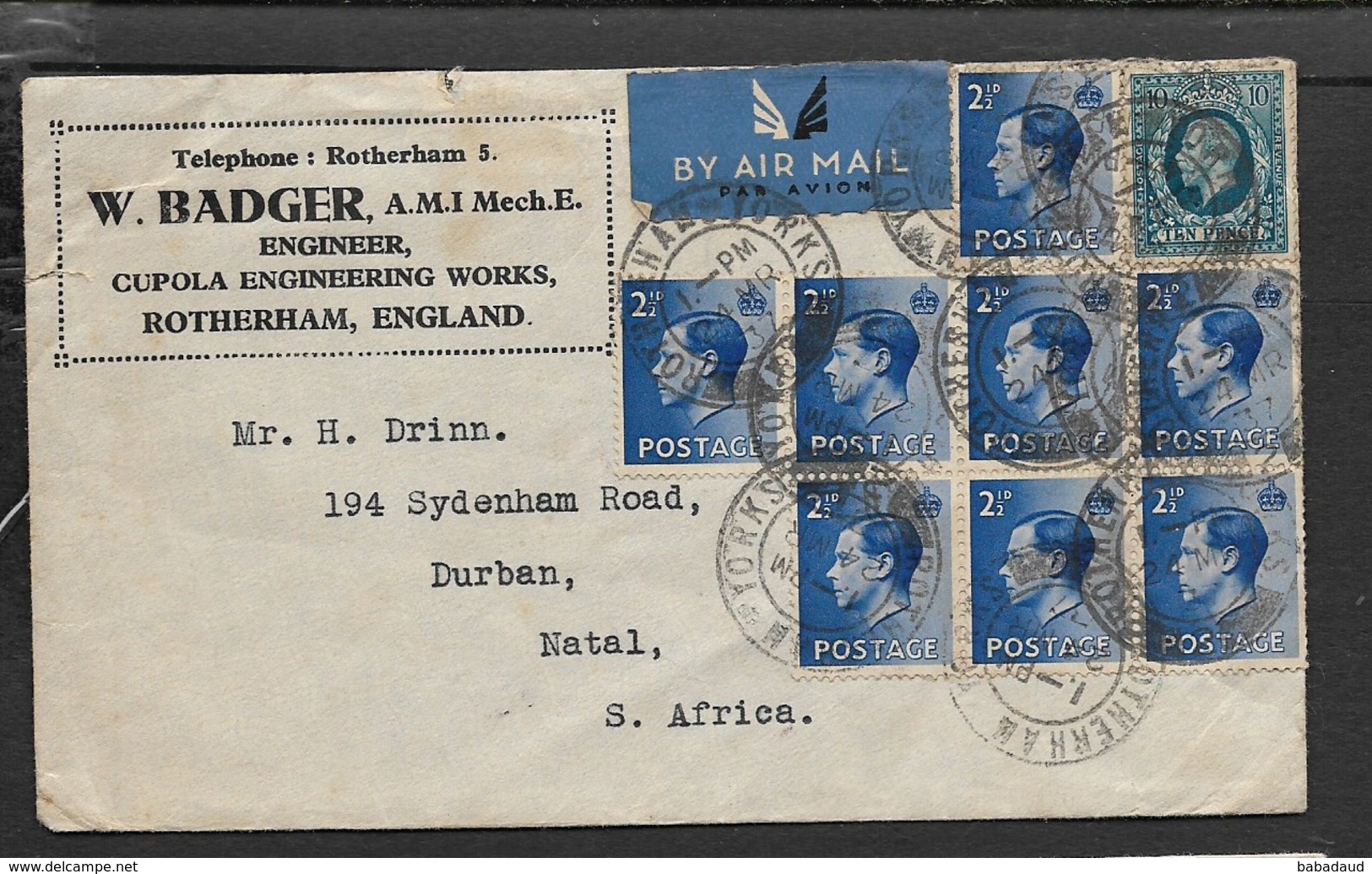 Great Britain, GVR, EVIIIR, 2'6 Air Mail ROTHERHAM YORKS 24 MR 37 > S.Africa (from W.BADGER Engineer, Rotherham) - Covers & Documents