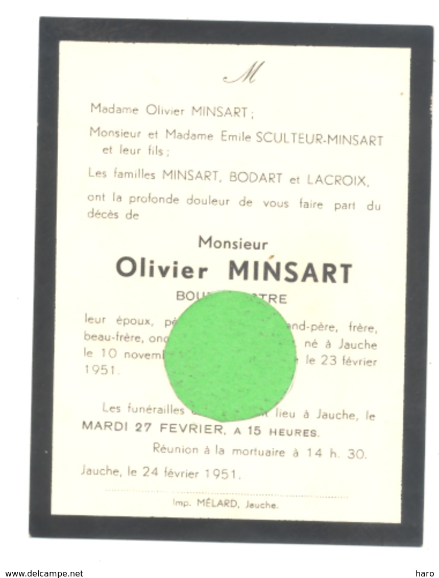 Faire-part De Décès De Mr Olivier MINS, Bourgmestre De JAUCHE  1878 / 1951 (b260) - Décès