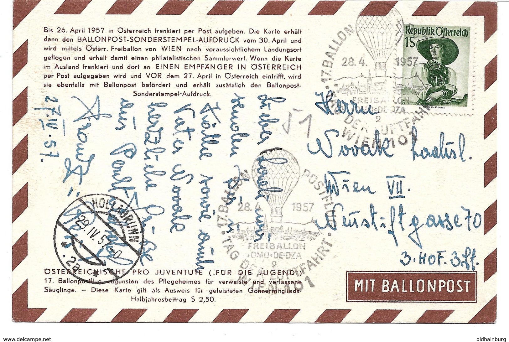 1672x: Ballonpost- Landeort Hollabrunn, Schöne AK Aus Dem Jahr 1957 - Hollabrunn