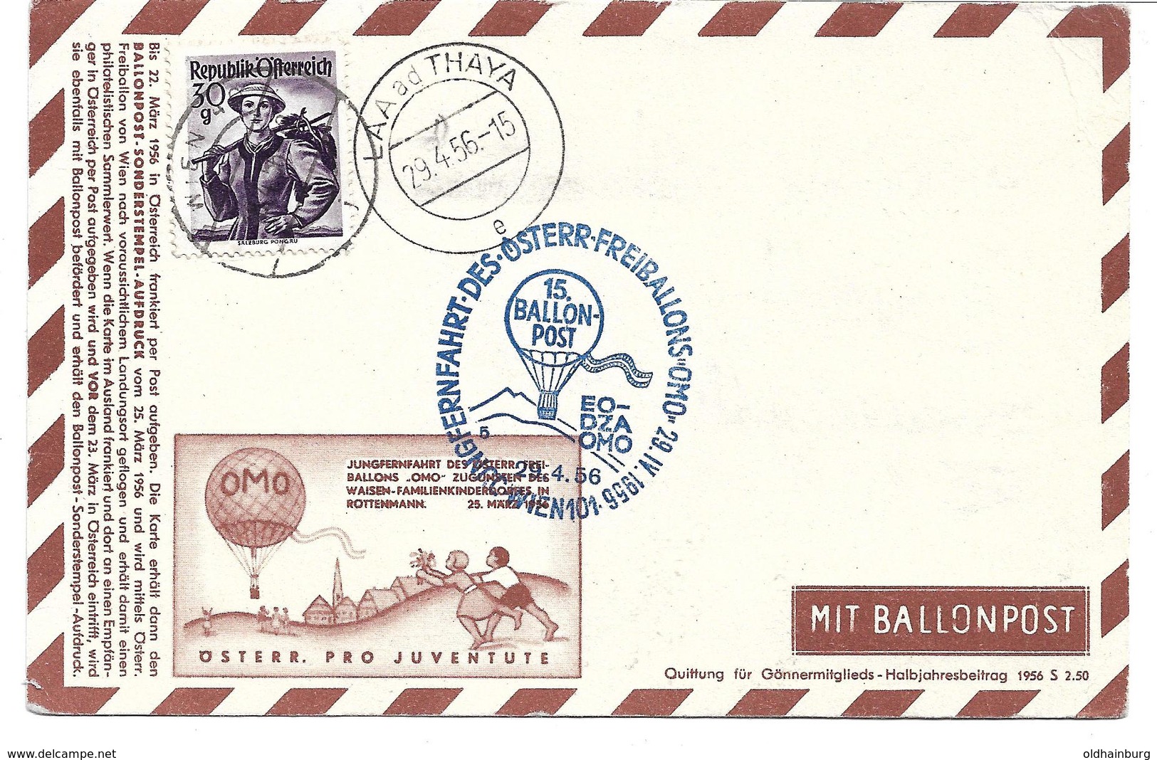 1672w: Ballonpost- Landeort Laa An Der Thaya, Schöne AK Aus Dem Jahr 1956 - Laa An Der Thaya