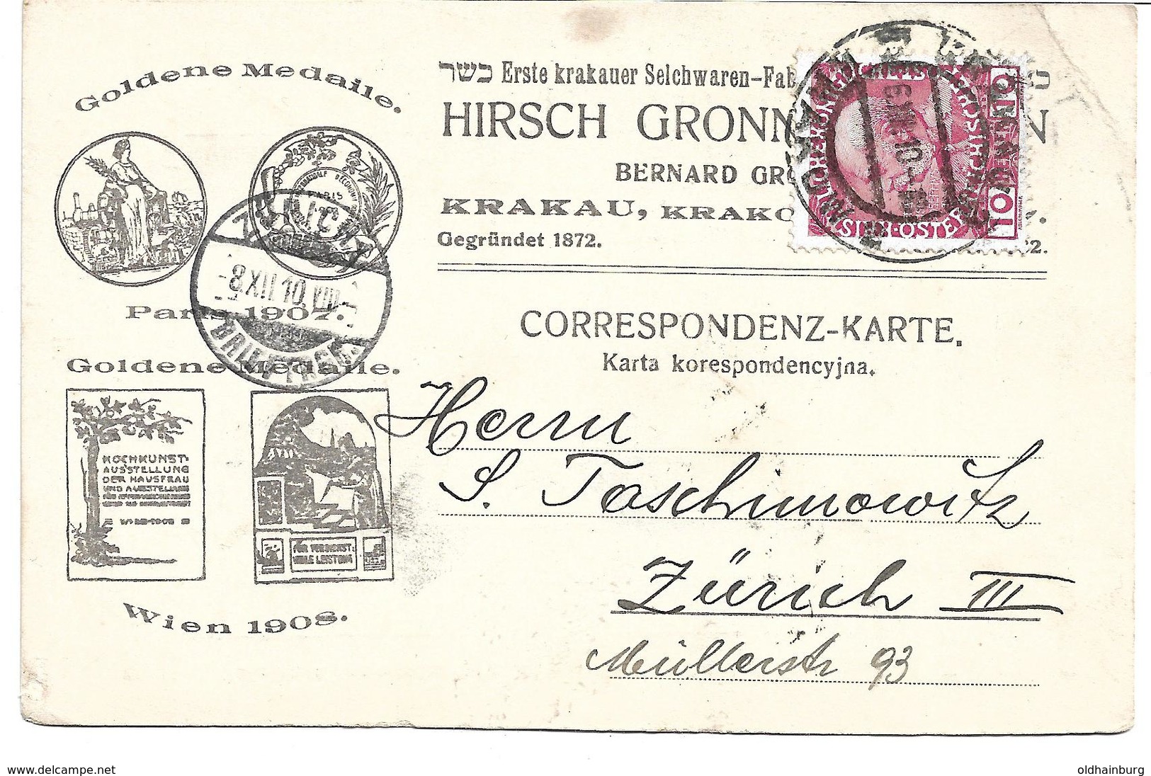 1672l: Krakau- Werbekarte 1910 Mit Öst. Frankatur Hirsch Gronners Sohn - Briefe U. Dokumente