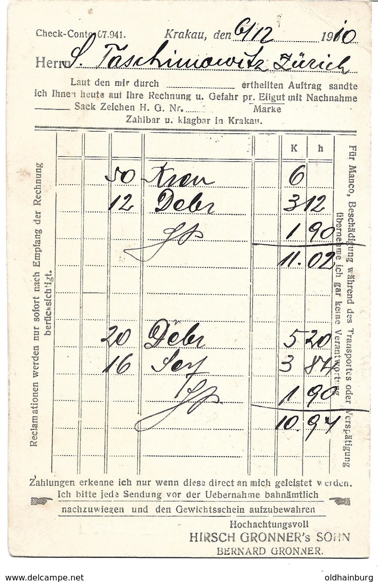 1672l: Krakau- Werbekarte 1910 Mit Öst. Frankatur Hirsch Gronners Sohn - Briefe U. Dokumente