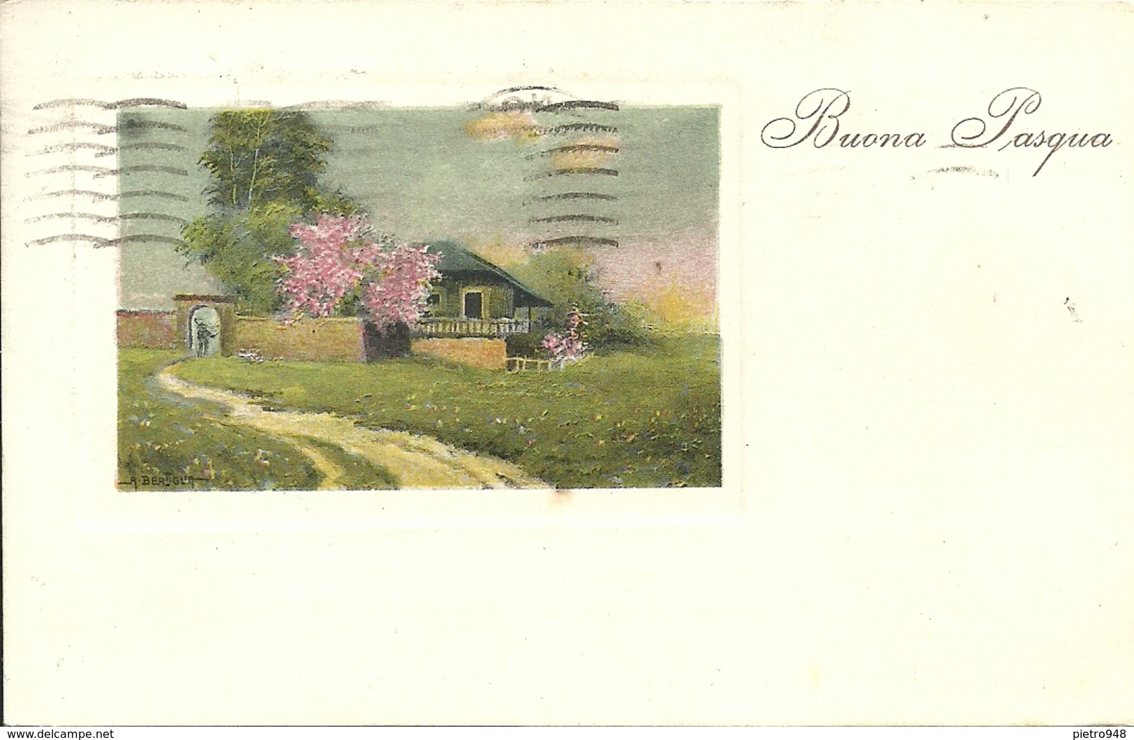 Cartolina "Buona Pasqua", Paesaggio Campestre, Illustrazione, A. Bertola Illustratore (I01) - Pasqua