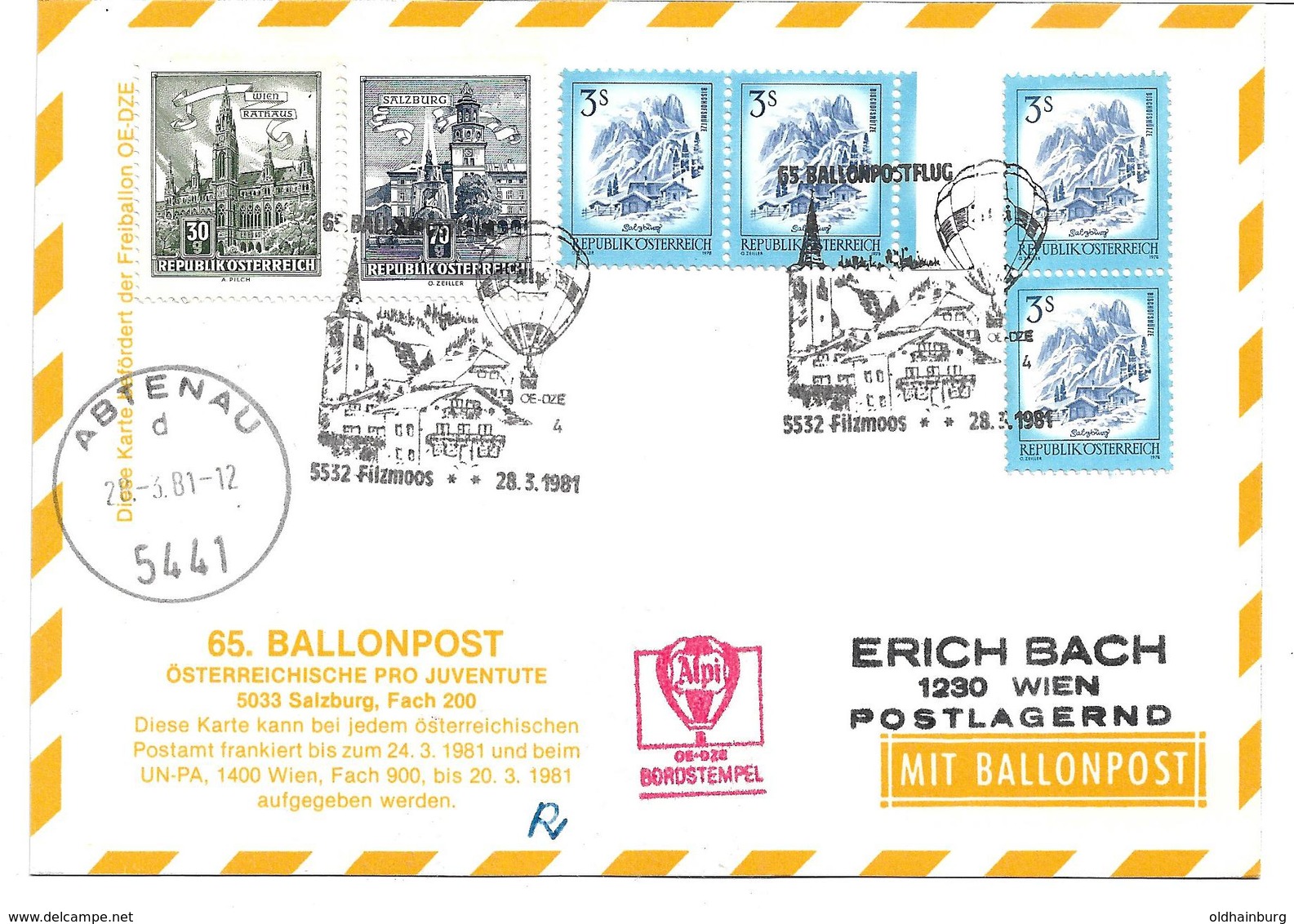 1672j: Ballonpost- Heimatbeleg Aus 1981, Gelaufen 5532 Filzmoos Nach 5441 Abtenau - Filzmoos