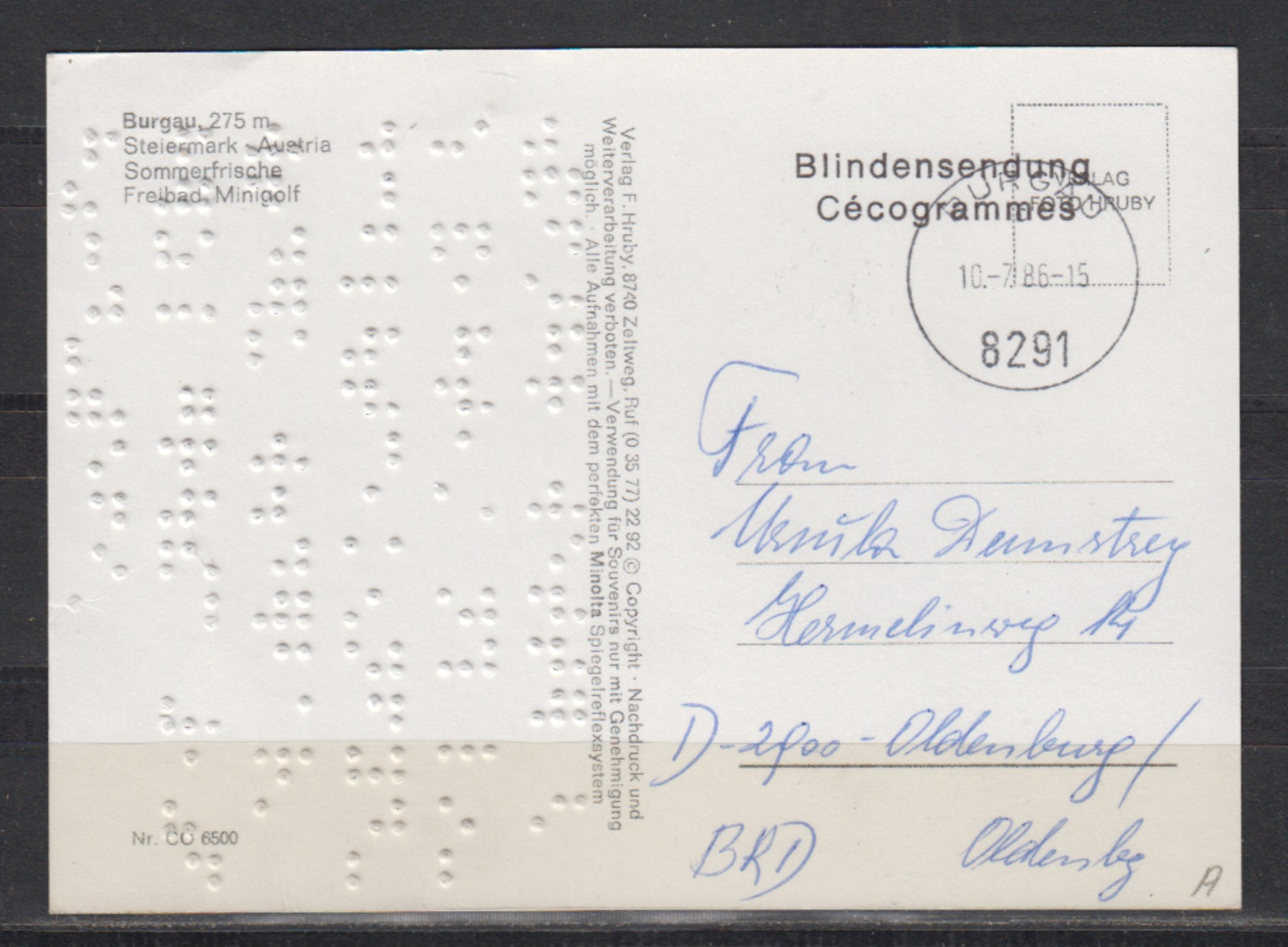 Österreich L2 " Blindensendung/Cecogrammes" Auf Karte Von Burgau 10.7.86 Mit Blindenschrift Nach Deutschland - Briefe U. Dokumente