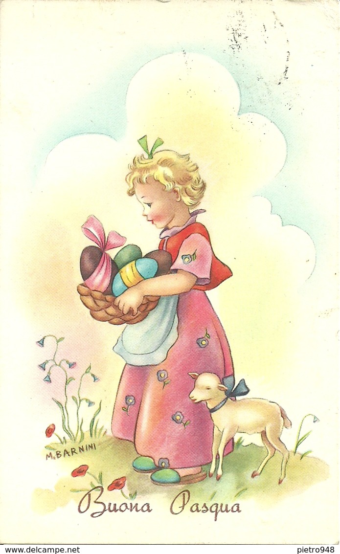 Cartolina "Buona Pasqua", Bambina Con Cesta Uova E Pecorella, Illustrazione, M. Barnini Illustratore (I07) - Ostern