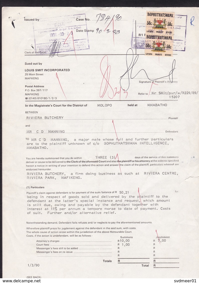 Bophuthatswana: Legal Document, 1990, 2 Revenue Stamps, Court Case On Debt, Plaintiff Attorney, Tax, Rare (minor Damage) - Bophuthatswana