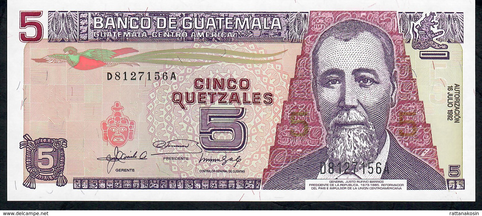 GUATEMALA P81 5 QUETZALES 1992 #D/A UNC. - Guatemala
