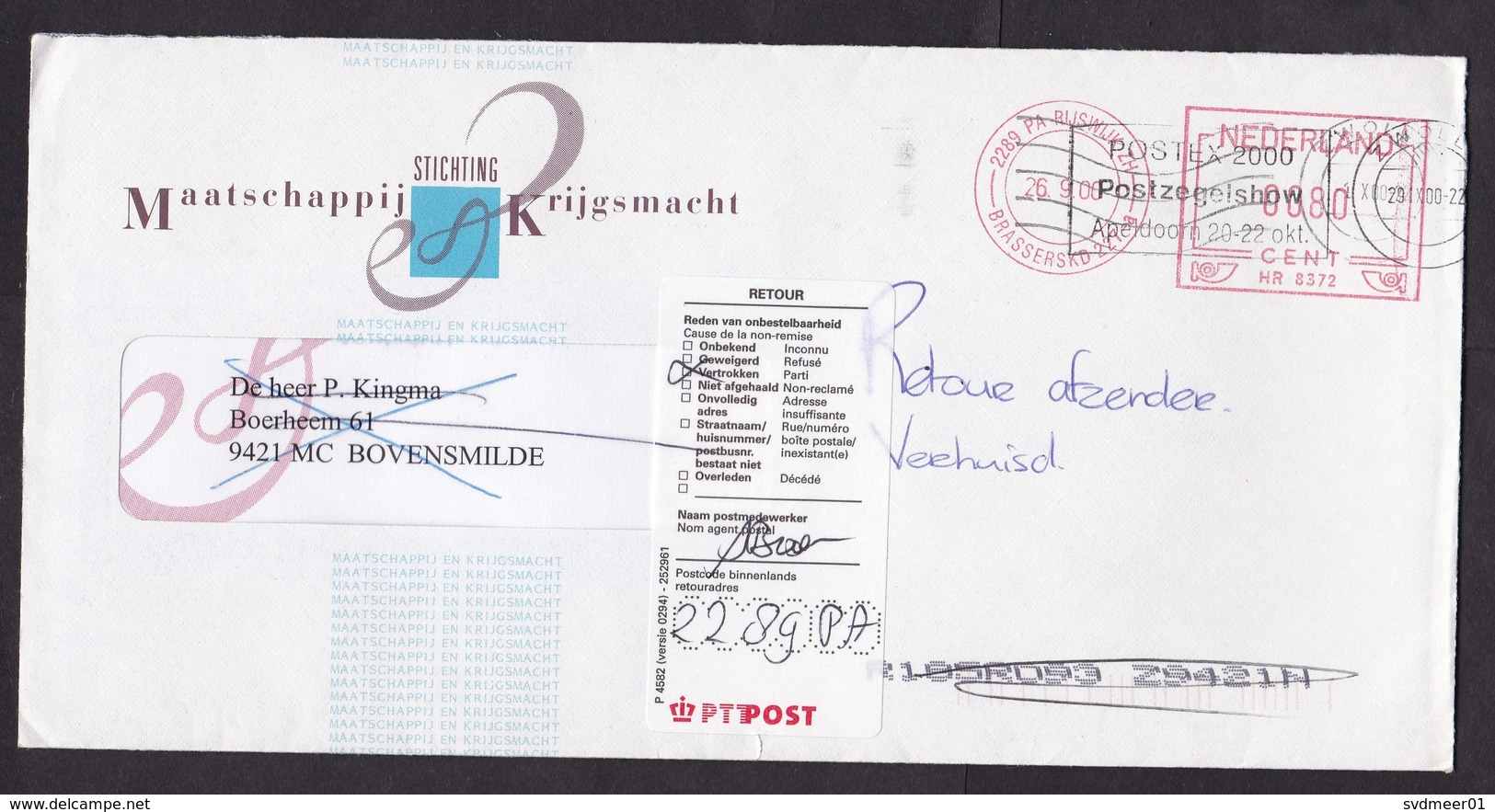 Netherlands: Cover, 2000, Meter Cancel, Returned, Retour Label PTT Post (traces Of Use) - Brieven En Documenten