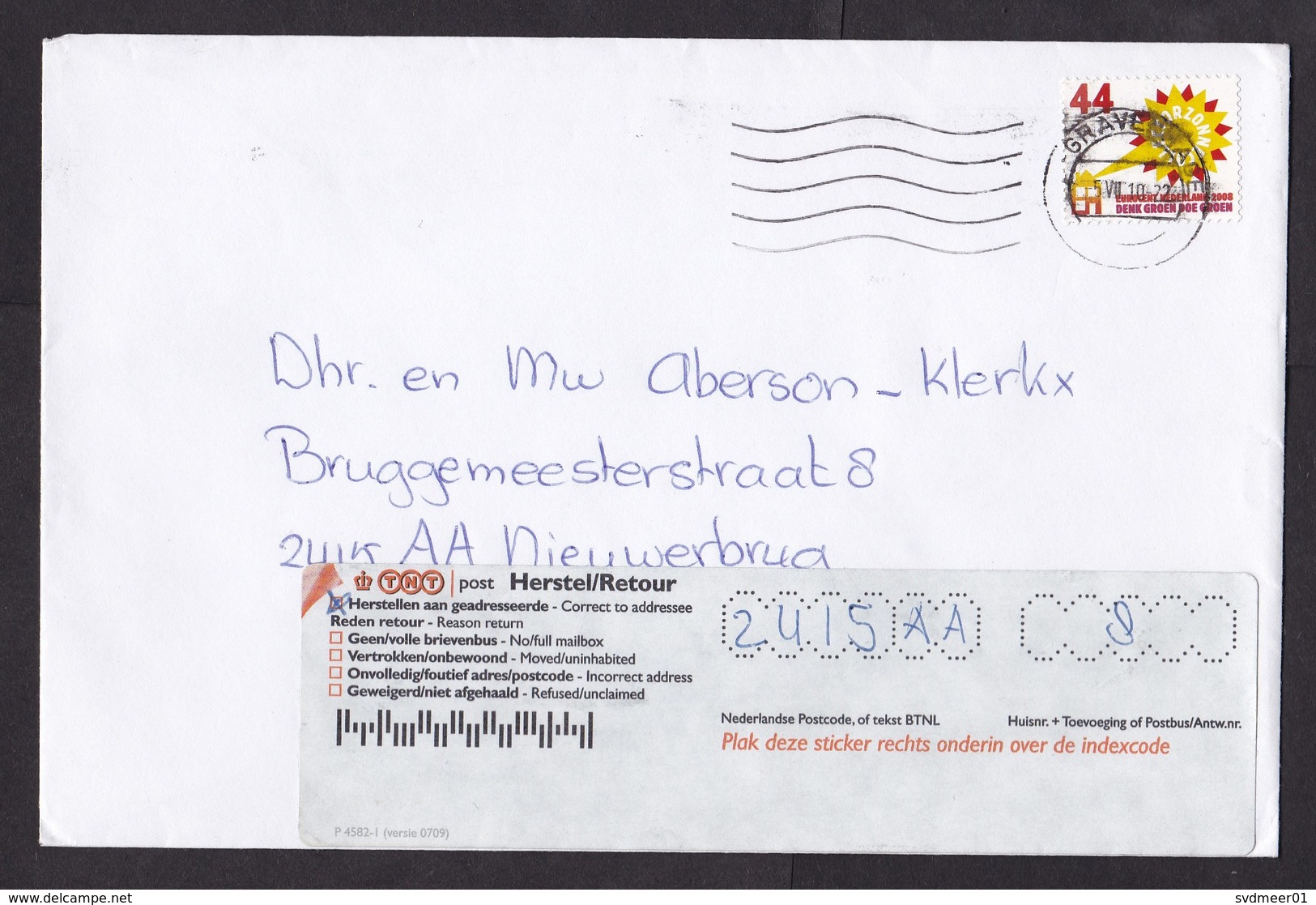 Netherlands: Cover, 2010, 1 Stamp, Environment, Postal Label Redirected, TNT Post, Out Of Course (traces Of Use) - Brieven En Documenten