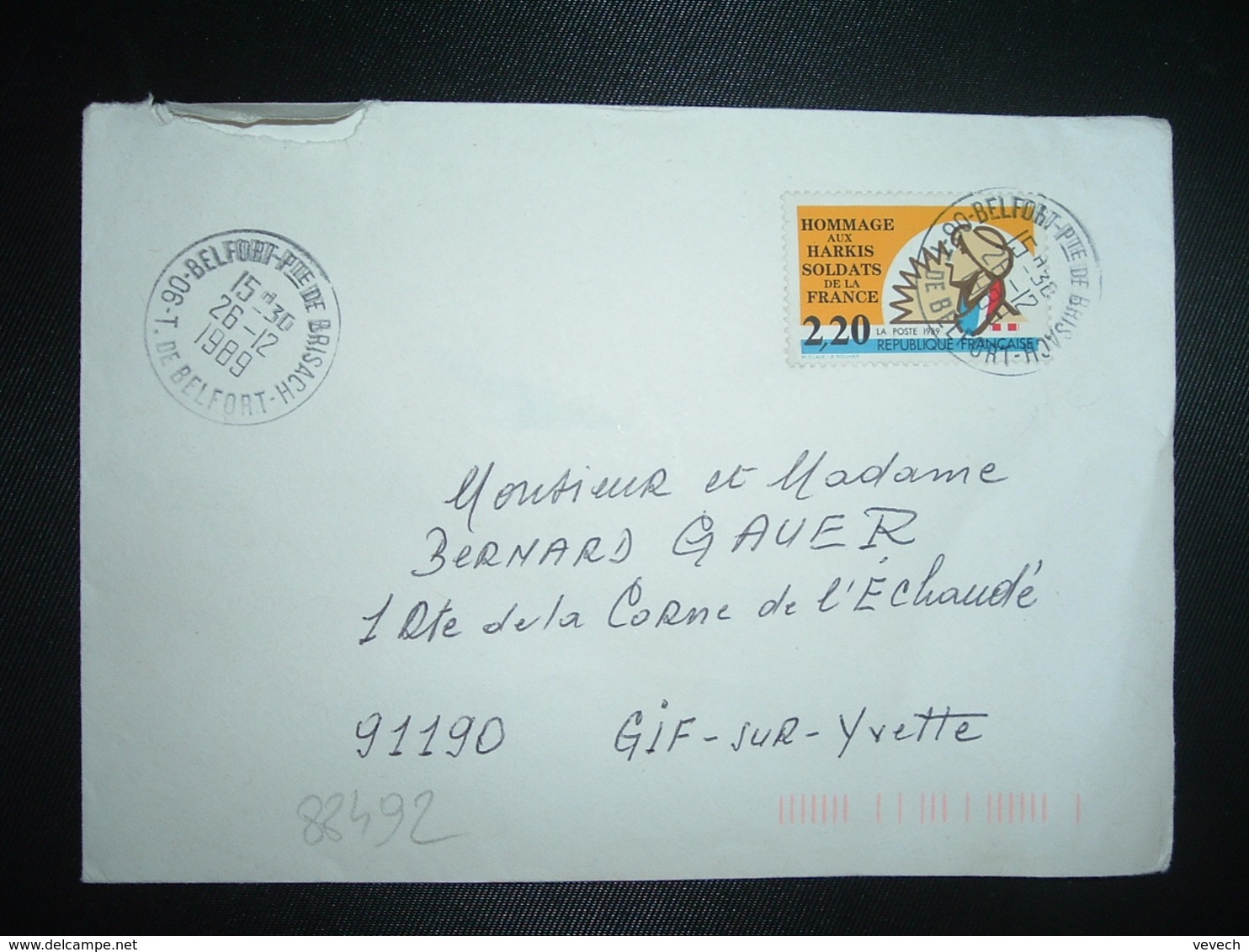 LETTRE TP HARKIS 2,20 OBL.26-12 1989 90 BELFORT PTE DE BRISACH T. DE BELFORT - Cachets Manuels