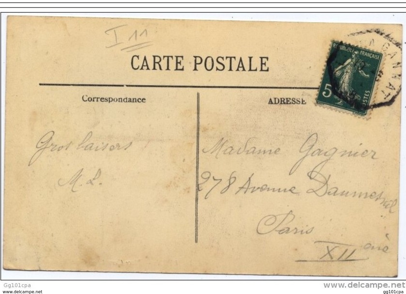 Rare Cachet Ambulant "LYON A GANNAT B" Semeuse Indice Pothion =11 Frappe Faible Cp Lyon - Poste Ferroviaire