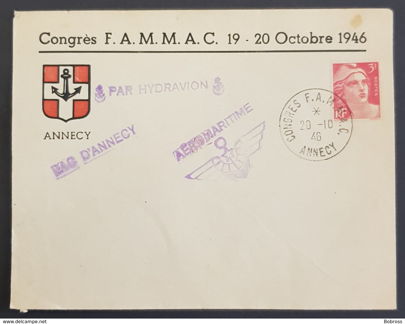 1946 Cover, Enveloppe Par Hydravion Lac D'Annecy, Aeromaritime, Congrès F.A.M.M.A.C., Republique Française, France - Lettres & Documents