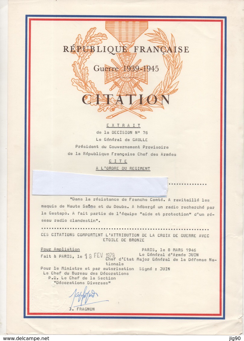 Citation à L'Ordre Du Régiment Guerre 1939-45  Paris 8/03/46 - Documents