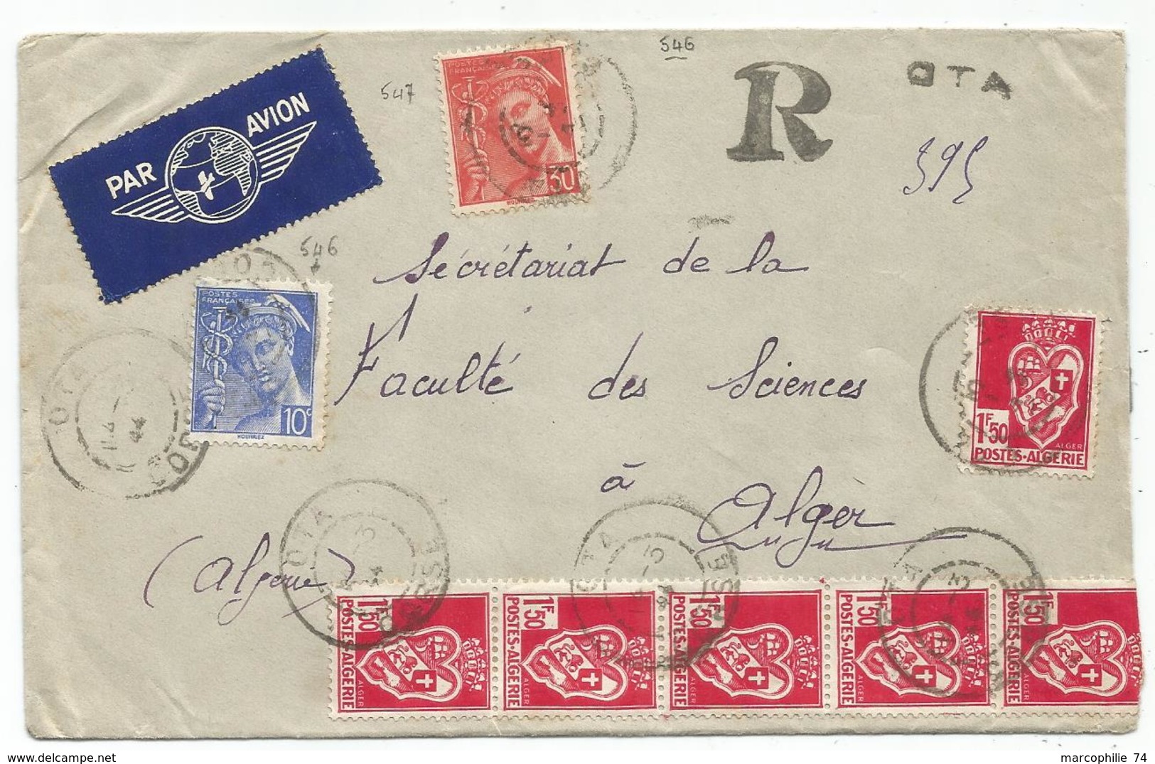 MERCURE 10CC+30C MIXTE ALGERIE 1FR50FRX6 (1 Decoupe A Ouverture ) LETTRE REC PROVISOIRE OTA CORSE 14.3.1944 RARE - 1921-1960: Modern Period