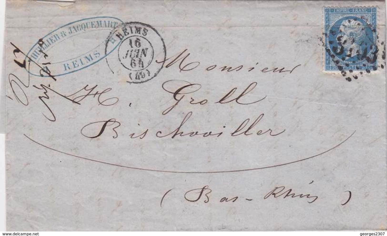 *LAC: NAPOL. DENTELÉ N°22 SEUL SUR LETTRE GC 3103 REIMS- 20 C LOSANGE- RECTO/VERSO - 1862 Napoléon III