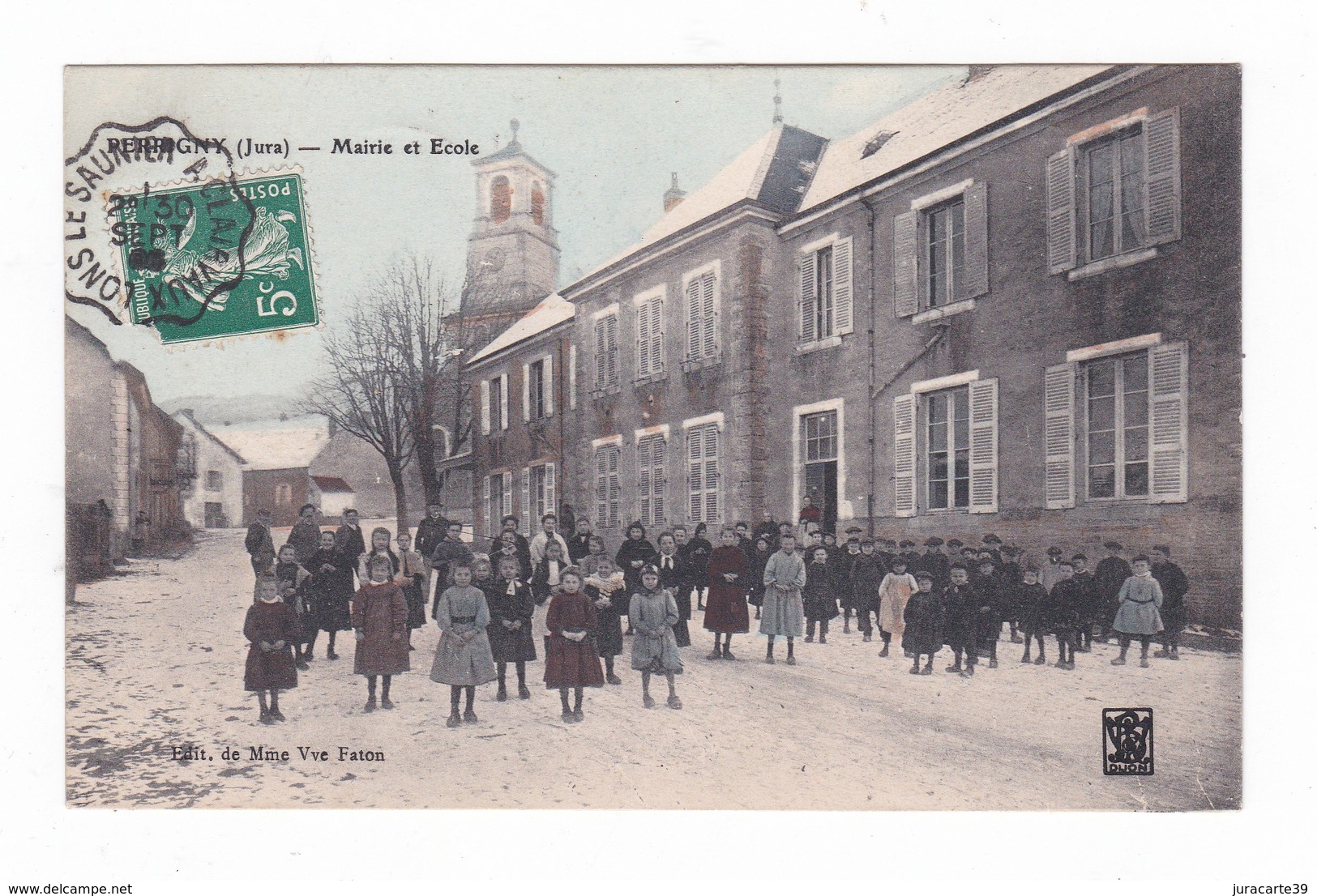 Perrigny.39.Jura.Mairie Et Ecole.1908.Cachet Ambulant De Lons-le-Saunier à Clairvaux. - Autres & Non Classés