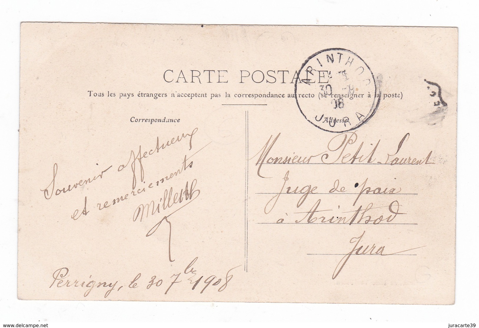 Perrigny.39.Jura.Mairie Et Ecole.1908.Cachet Ambulant De Lons-le-Saunier à Clairvaux. - Autres & Non Classés