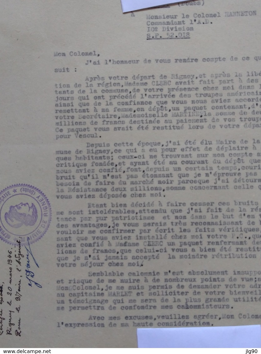 36 Pages, Lettres, Courriers (originaux, Copies) Entre 02/45 Et 1979 Concernant La Résistance En France-Comté 1940-44 - Documentos