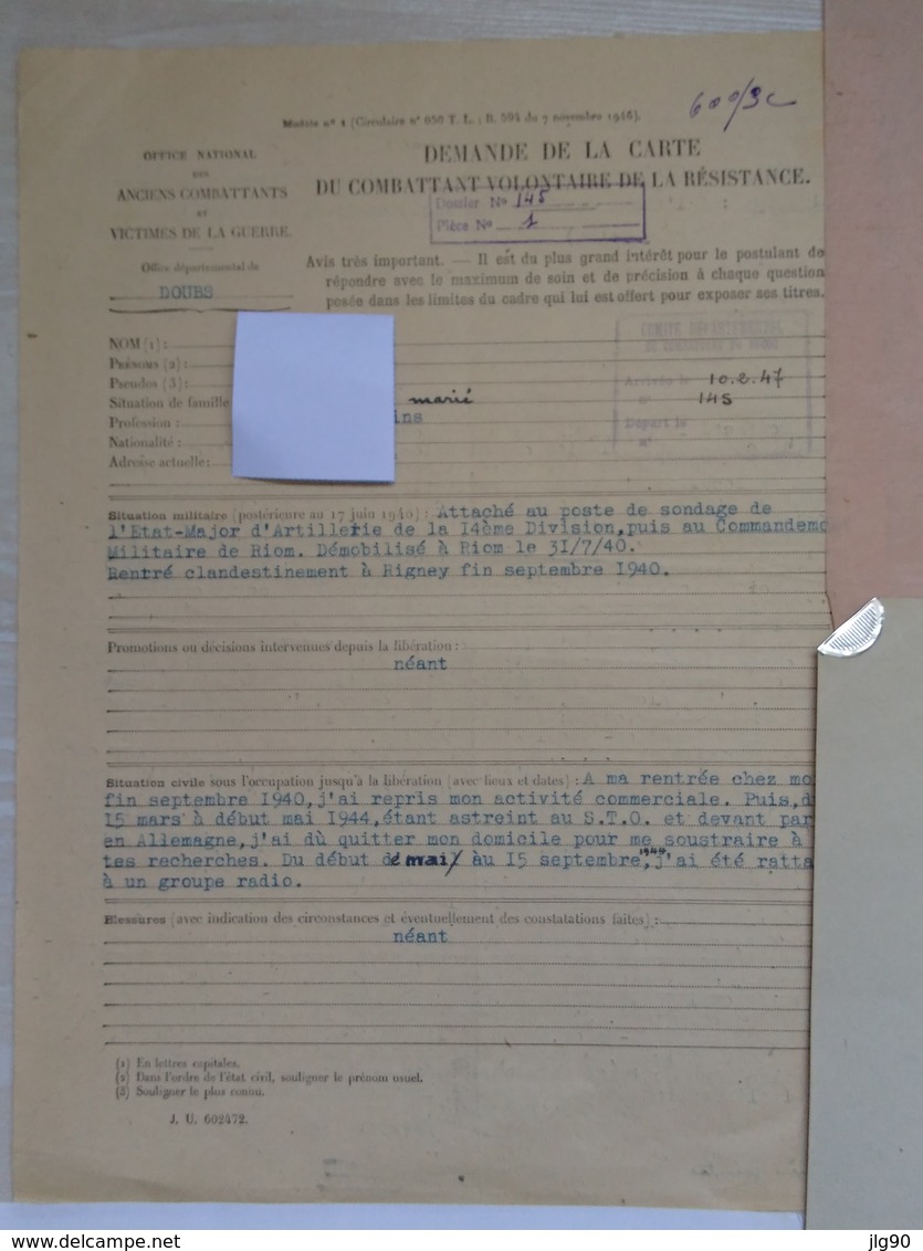 36 Pages, Lettres, Courriers (originaux, Copies) Entre 02/45 Et 1979 Concernant La Résistance En France-Comté 1940-44 - Documentos