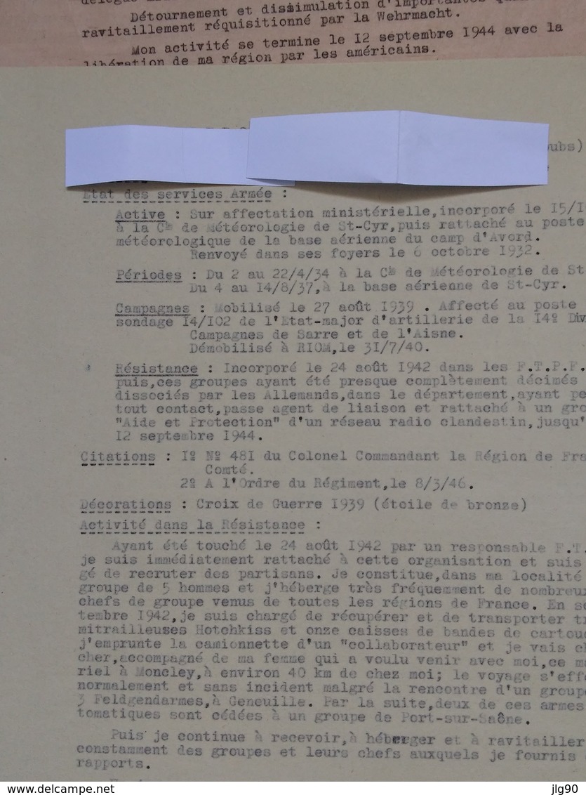 36 pages, lettres, courriers (originaux, copies) entre 02/45 et 1979 concernant la résistance en France-Comté 1940-44