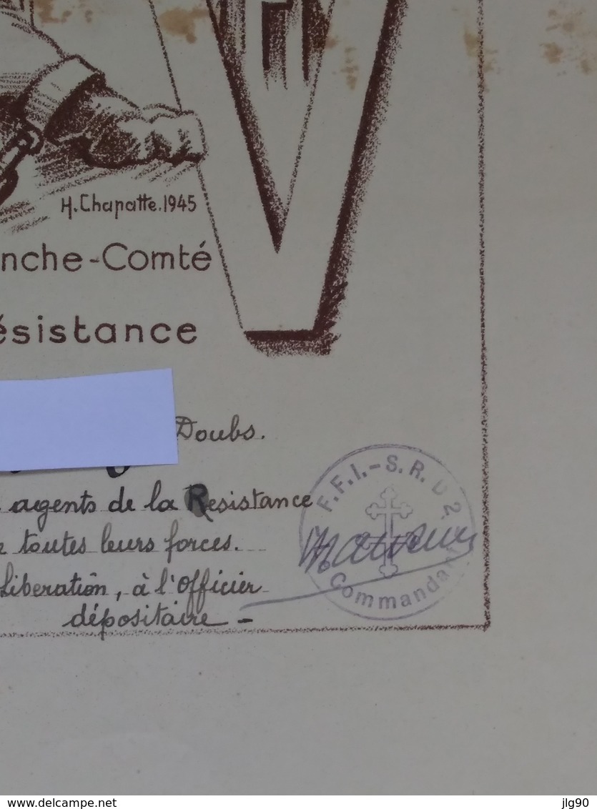 Document 40*30cm  Hommage De La Résistance Française, Cachet FFI-SRD2 Franche-Comté - Documents