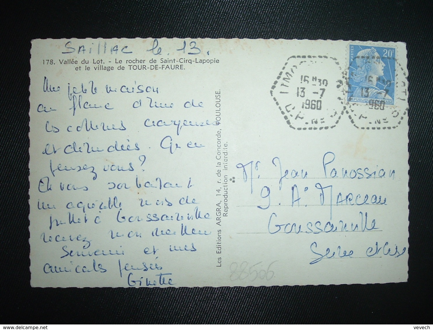 CP TOUR DE FAURE TP M.DE MULLER 20F OBL. HEXAGONALE Tiretée 13-7 1960 LIMOGNE (LOT) CP N°3 (46 CORRESPONDANT POSTAL) - Cachets Manuels