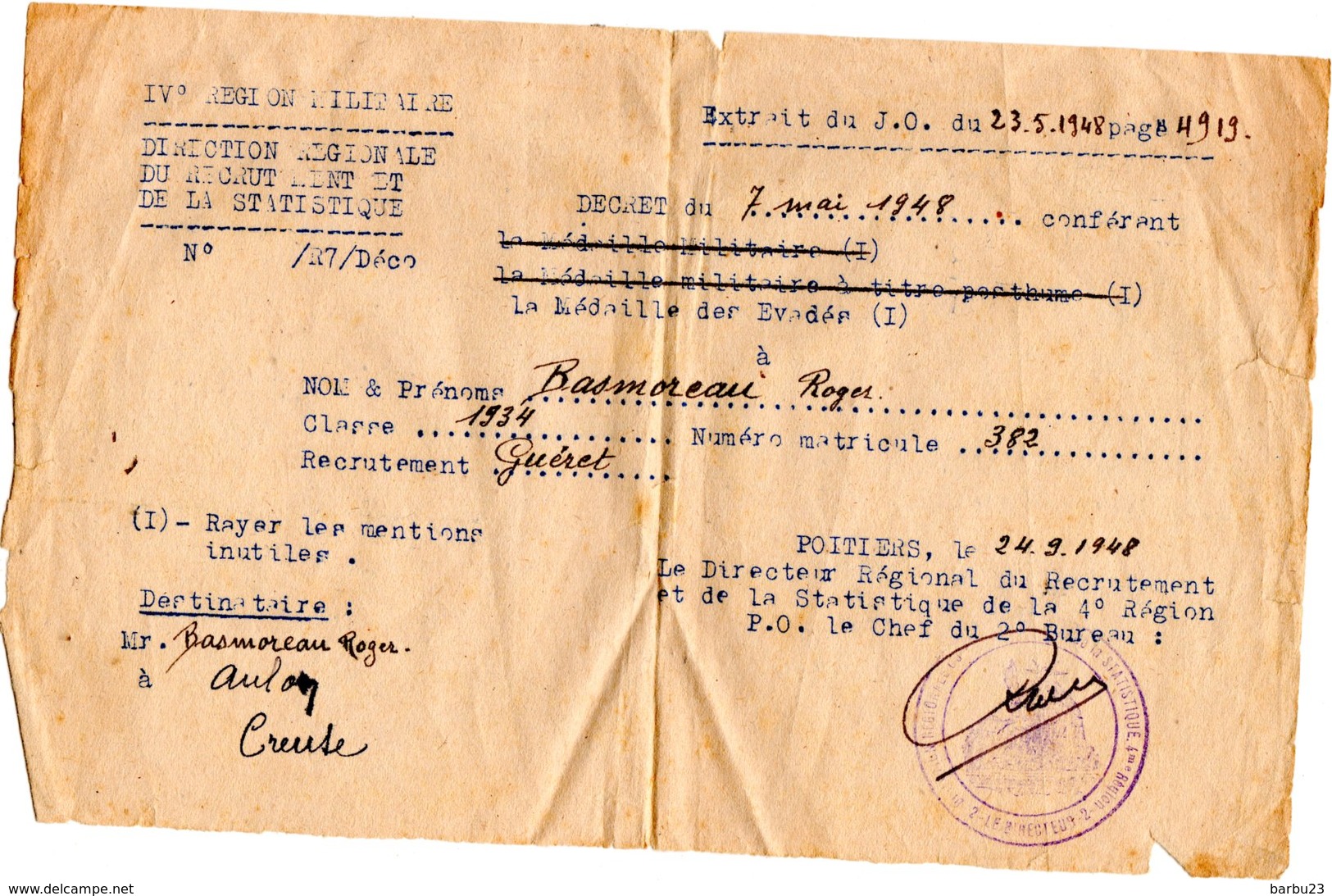 WW2 Extrait JO Decret Attribuant La Medaille Des évadés 1948 - Documents Historiques