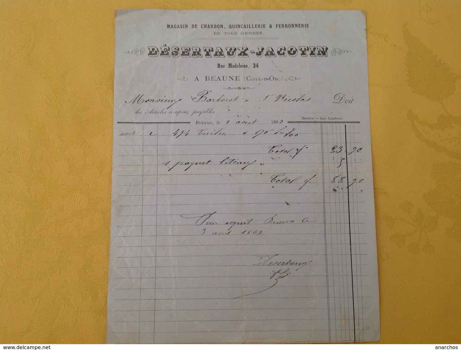 Beaune Charbon Quincaillerie Desertaux Jacotin 1869 - Electricity & Gas