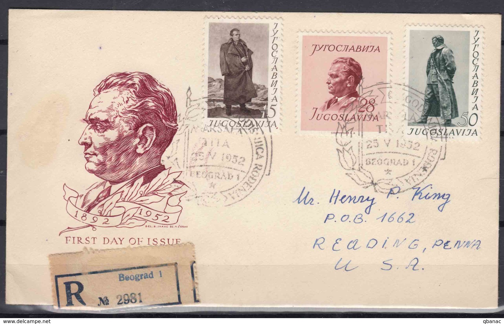 Yugoslavia Republic Tito Bithday 1952 Mi#693-695 Registered FDC Travelled To USA - Briefe U. Dokumente