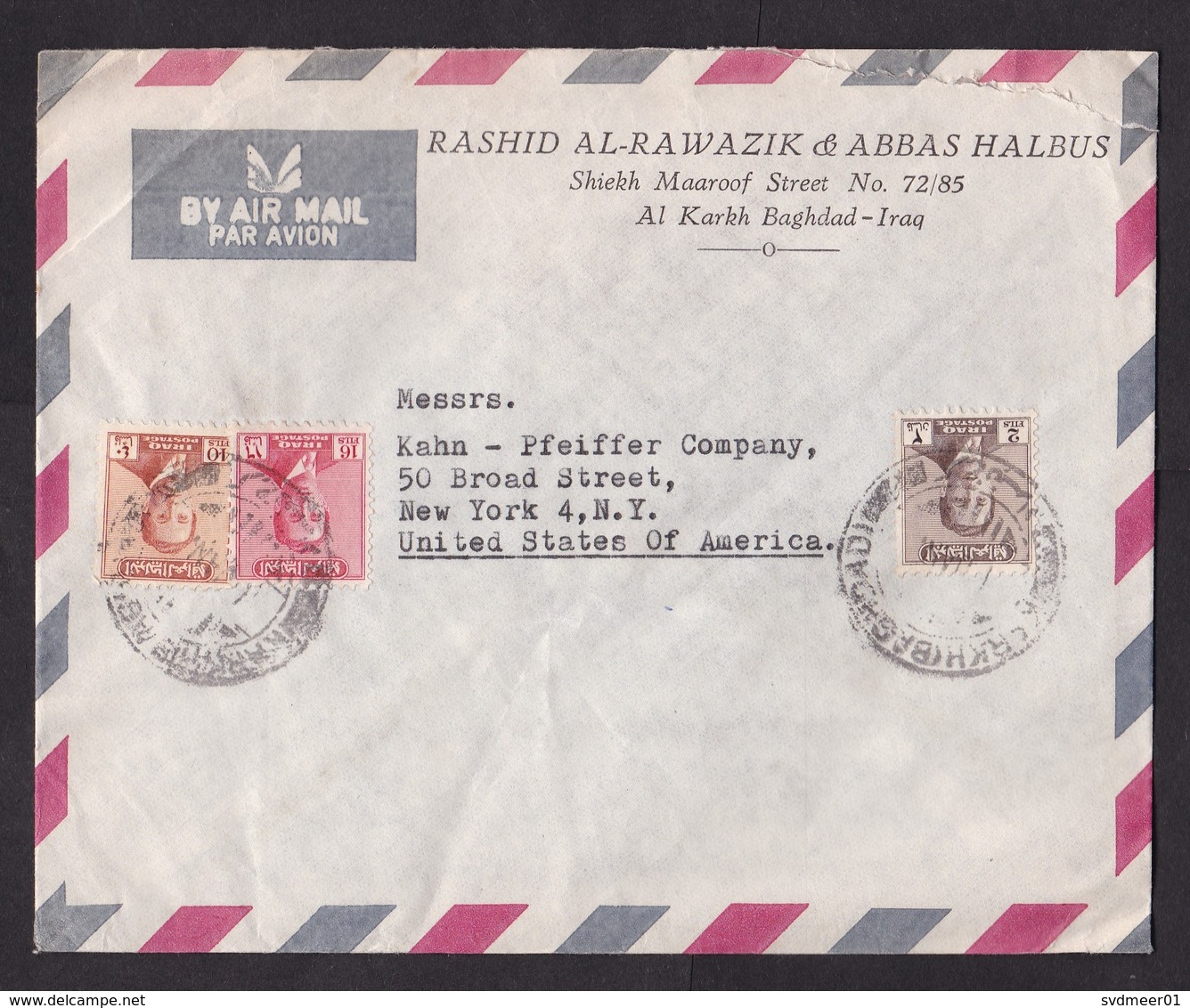 Iraq: Airmail Cover To USA, 1950s, 3 Stamps, King, 3 Values (minor Damage) - Irak