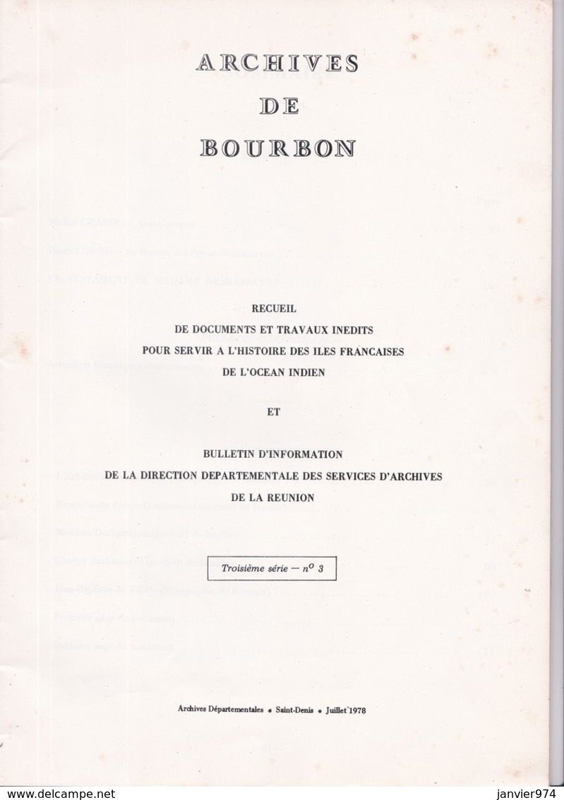 Ile De La Réunion Archives De Bourbon Recueil Et Bulletin D'Informations 1978. Panon- Desbassyns - Biographie