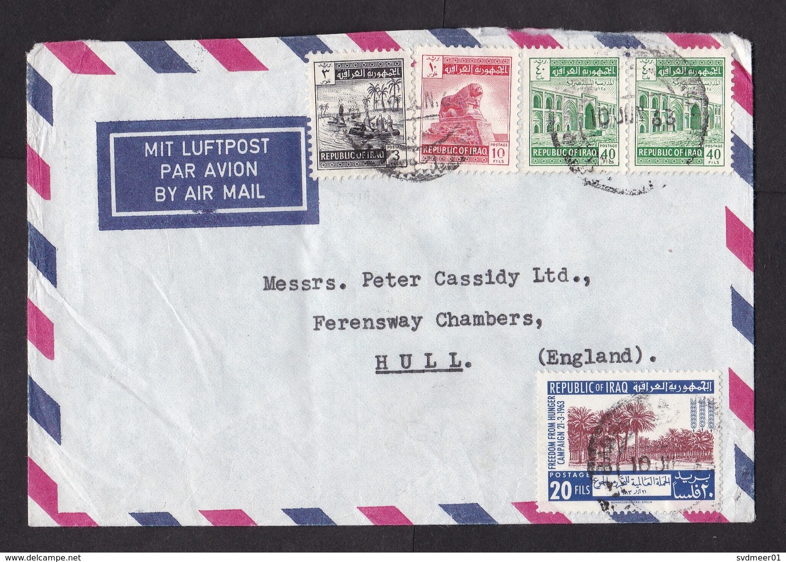 Iraq: Airmail Cover To UK, 1963, 5 Stamps, Heritage, Sphinx, Hunger, Food, Censor Cancel At Back (roughly Opened) - Iraq