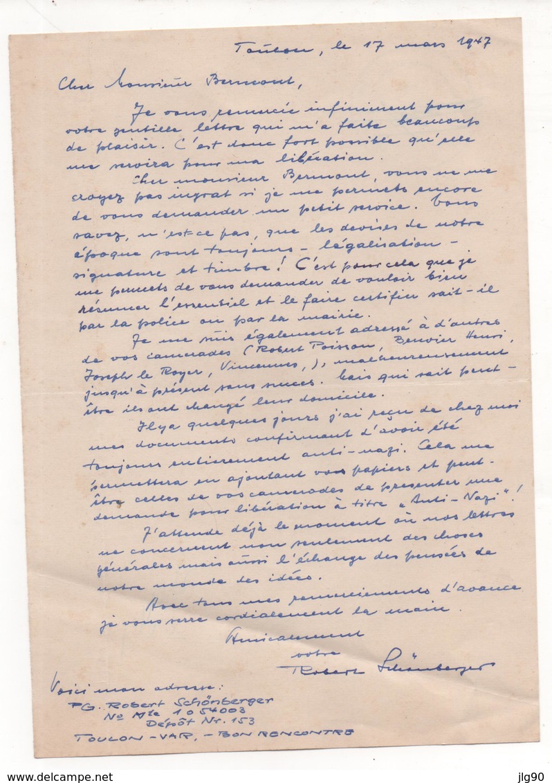 Lettre Prisonnier De Guerre Allemand De Toulon Dépôt De PG N°153 à Botans (90) Du 17/03/47 - Documentos